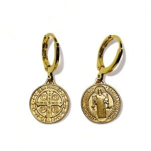 Coin Earrings Gold Jesus Cross Catholic Religious Christian God